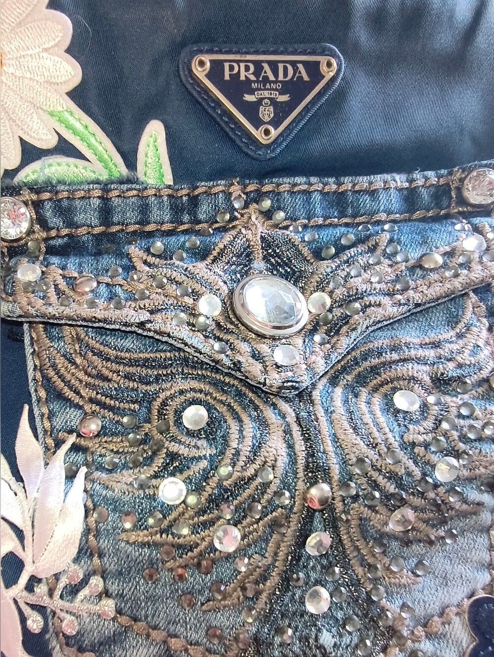 Prada Tessuto Denim & Rhinestone Shoulder Bag - Picture 9 of 11